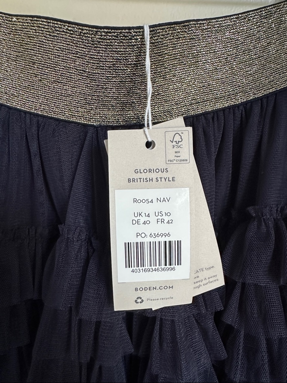 NWT - BODEN - Women's Navy Tiered Ruffle Skirt with Metallic Waistband - Sz 10 - Picture 2 of 10